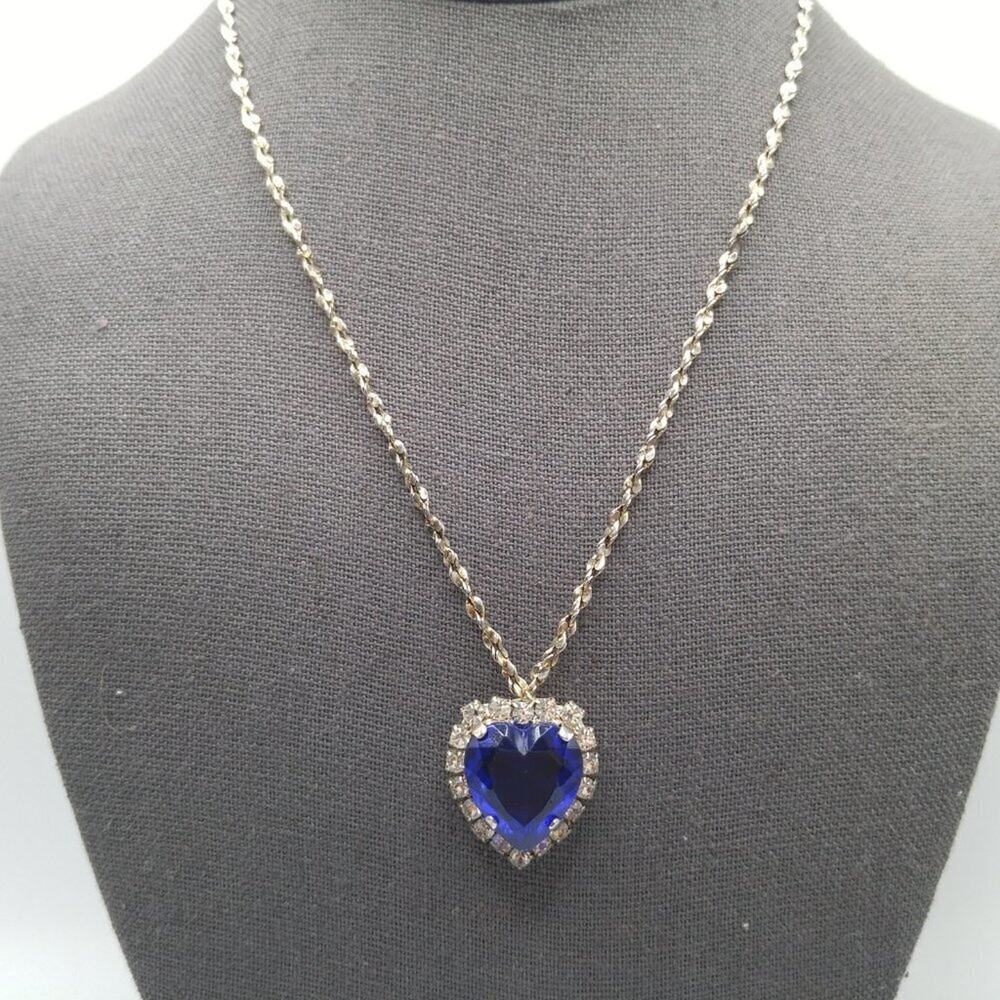 Vintage Blue Heart Pendant Necklace, Signed BC Lind 1998, Clear Rhinestones, 17" - Picture 10 of 11